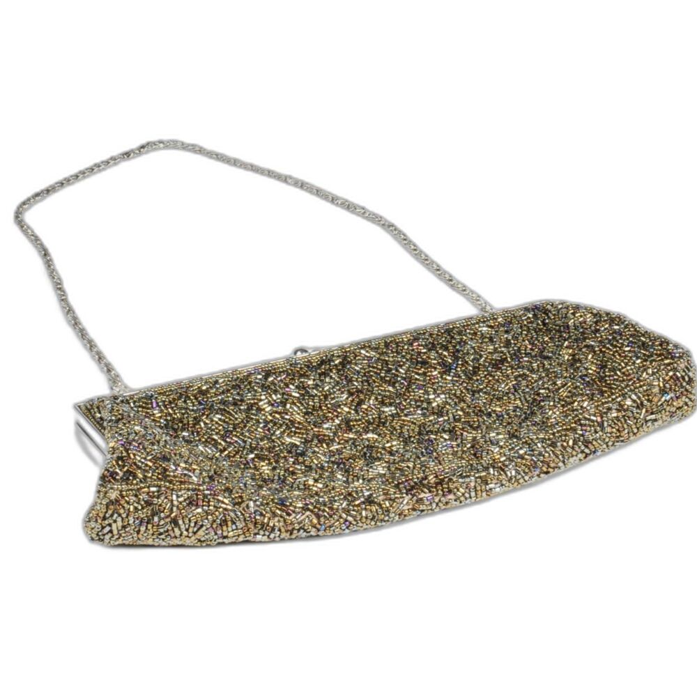 Multi Metal Toned Beaded Evening Bag with Chain and Silver Kiss Clasp {EX+}